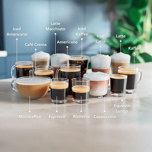 Wählen Sie eines von 20 köstlichen Kaffeerezepten auf dem LatteGo 5500. Vom Milchkaffee bis zum erfrischenden Eiskaffee. LatteGo macht seidig weichen Schaum